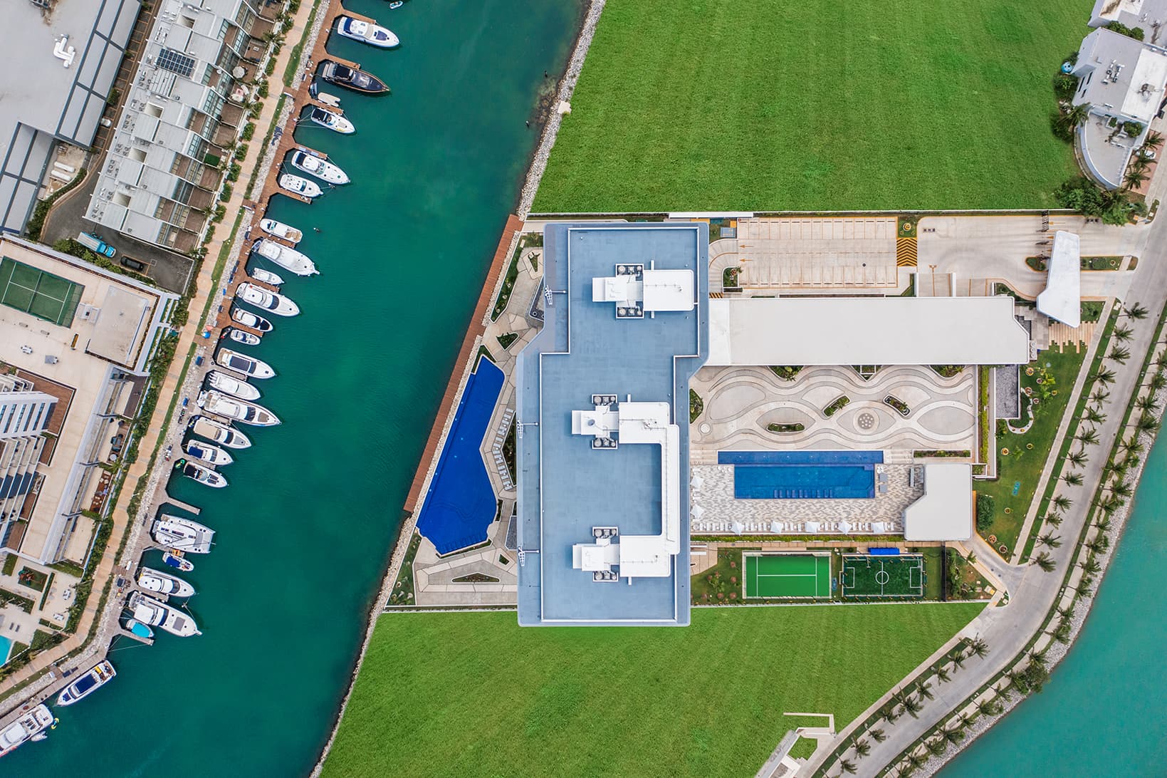 Aerial view of a marina residence and private marina in Puerto Cancún
